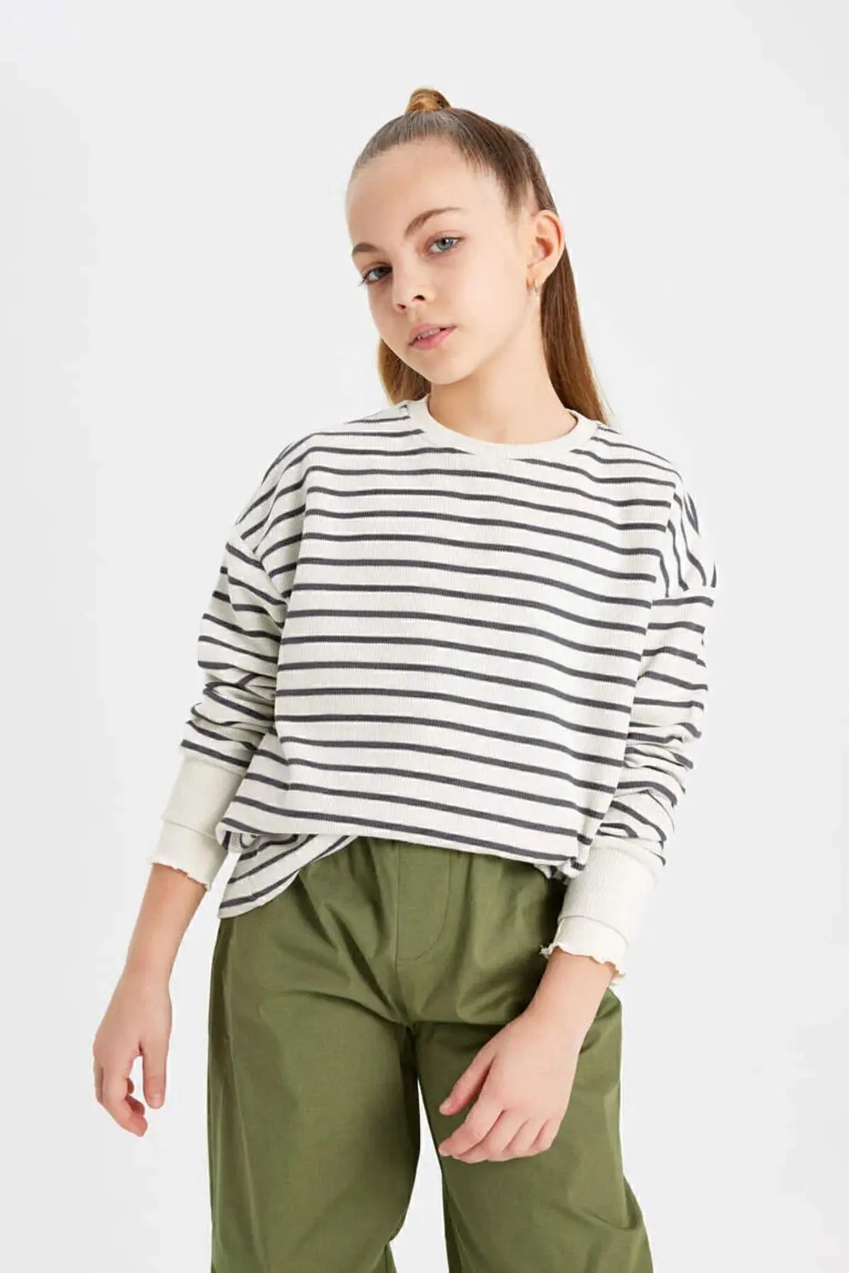 Defacto Kız Çocuk Relax Fit Bisiklet Yaka Çizgili Sweatshirt B7378a824sp
