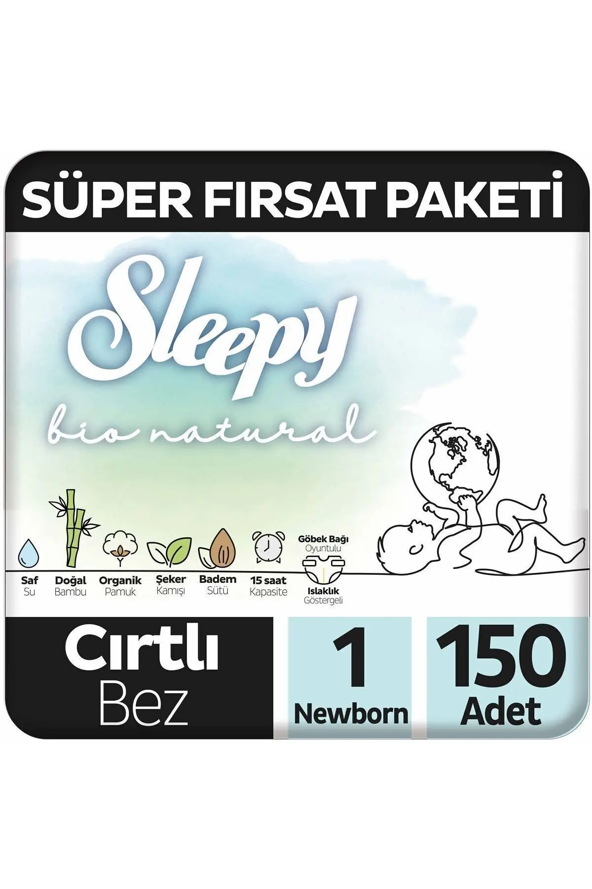 Sleepy Bio Natural Süper Fırsat Paketi Bebek Bezi 1 Numara Newborn 150 Adet 1