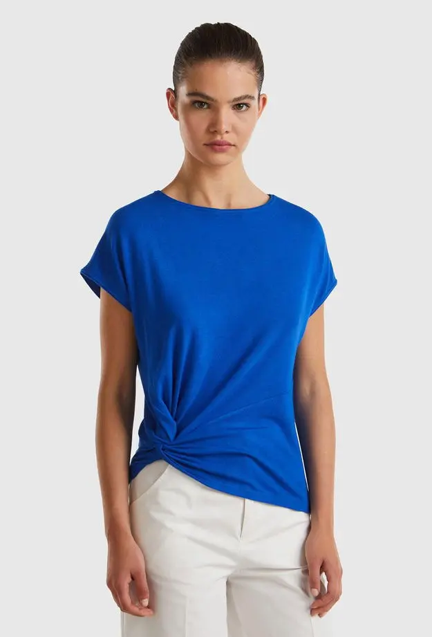 United Colors of Benetton Kadın Saks Mavi Viskoz Karışımlı Düğüm Detaylı Kayık Yaka T-Shirt S