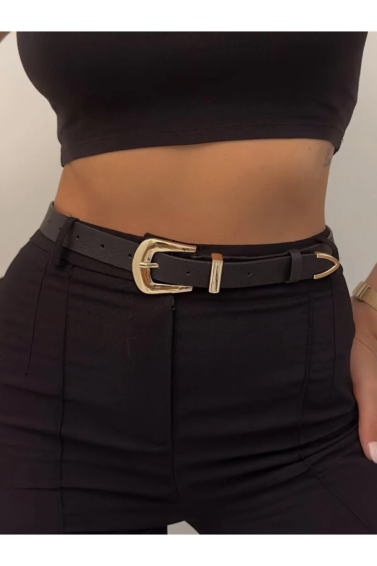 Fiori Köprü Toka Uç Takım Kadın Pantolon Kemeri, Ceket Kemeri, Elbise Kemeri, Gömlek Kemeri Siyah - Gold