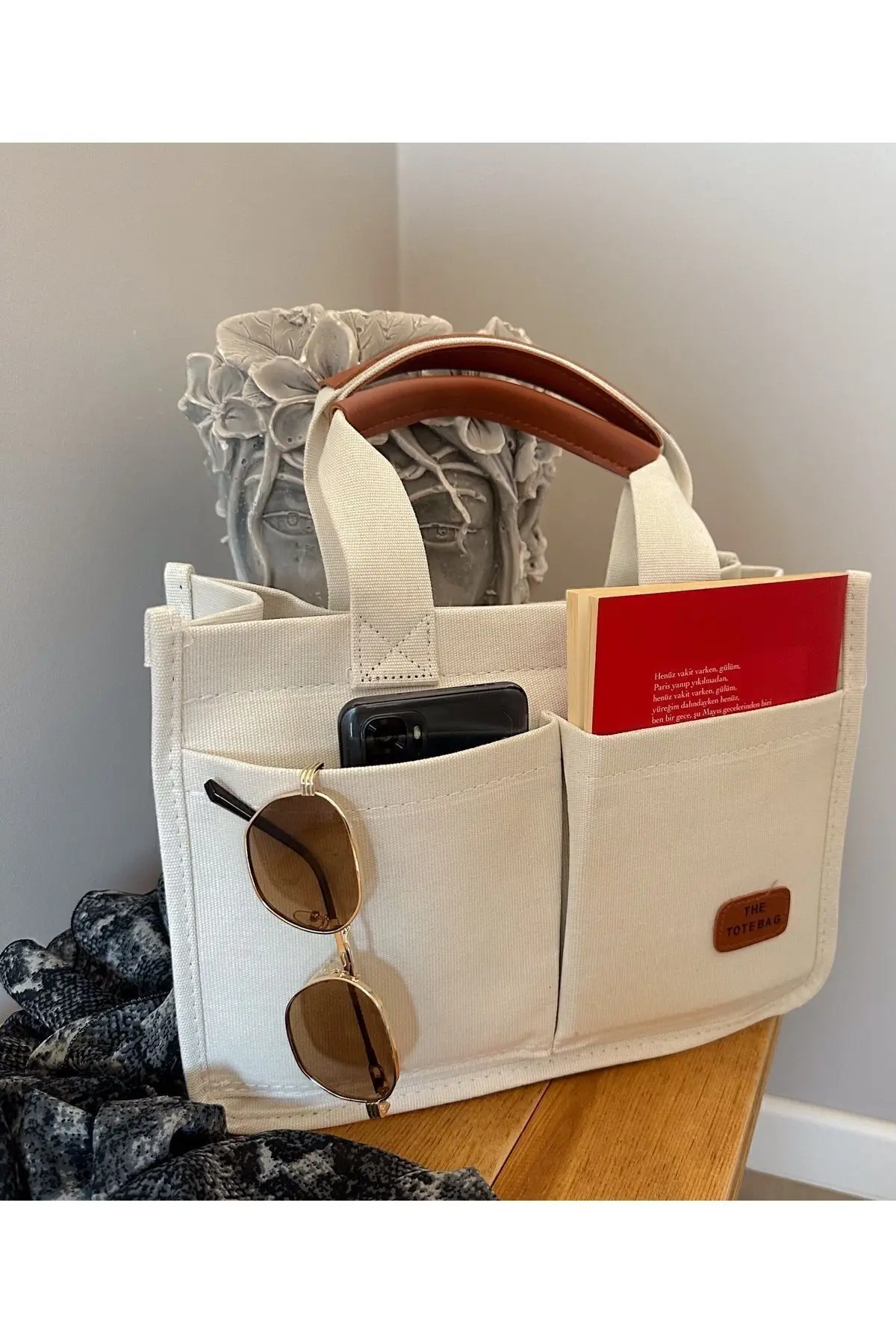 gabies Kadın Kanvas Kumaş Beyaz Renk İki Adet Ön Cepli Tote Bag El Ve Omuz Çantası Beyaz