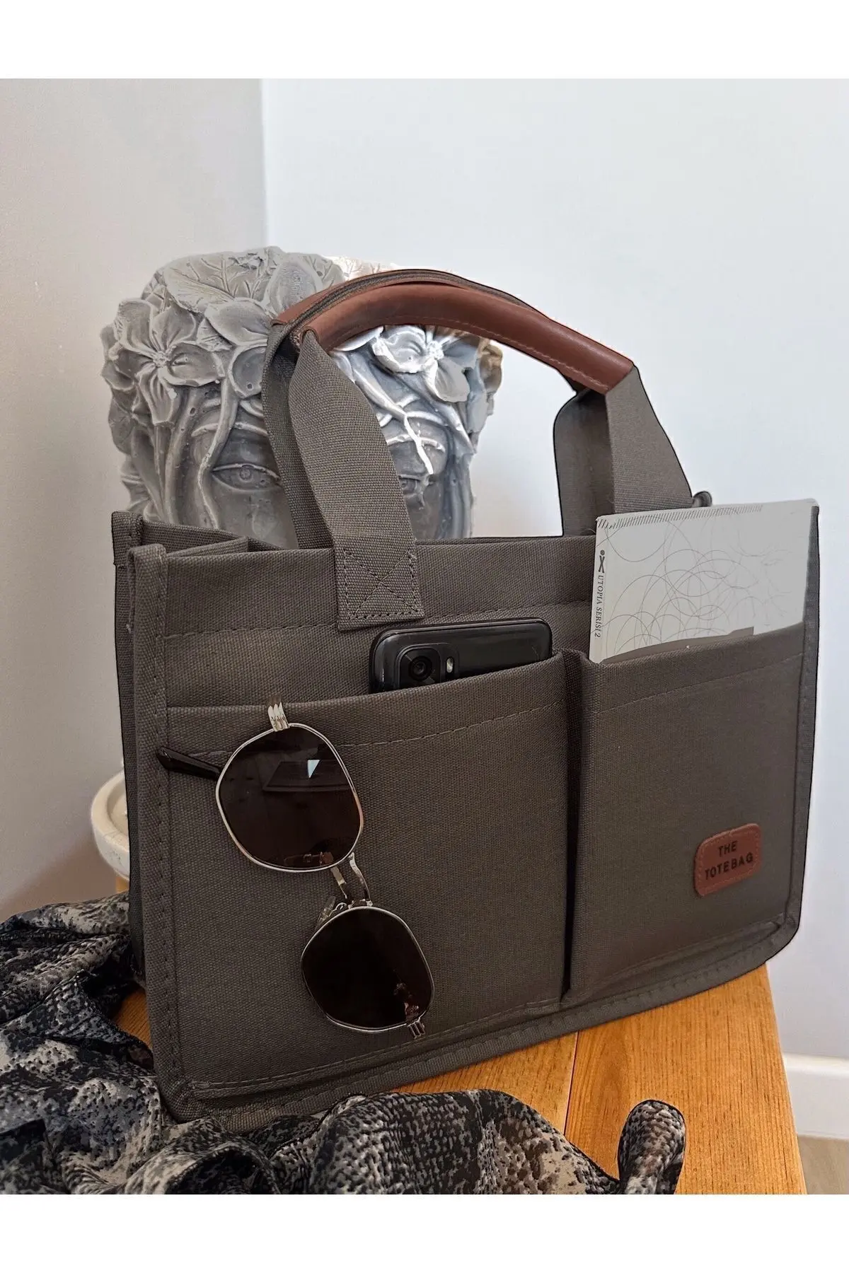 gabies Kadın Kanvas Kumaş Gri Renk İki Adet Ön Cepli Tote Bag El Ve Omuz Çantası Gri