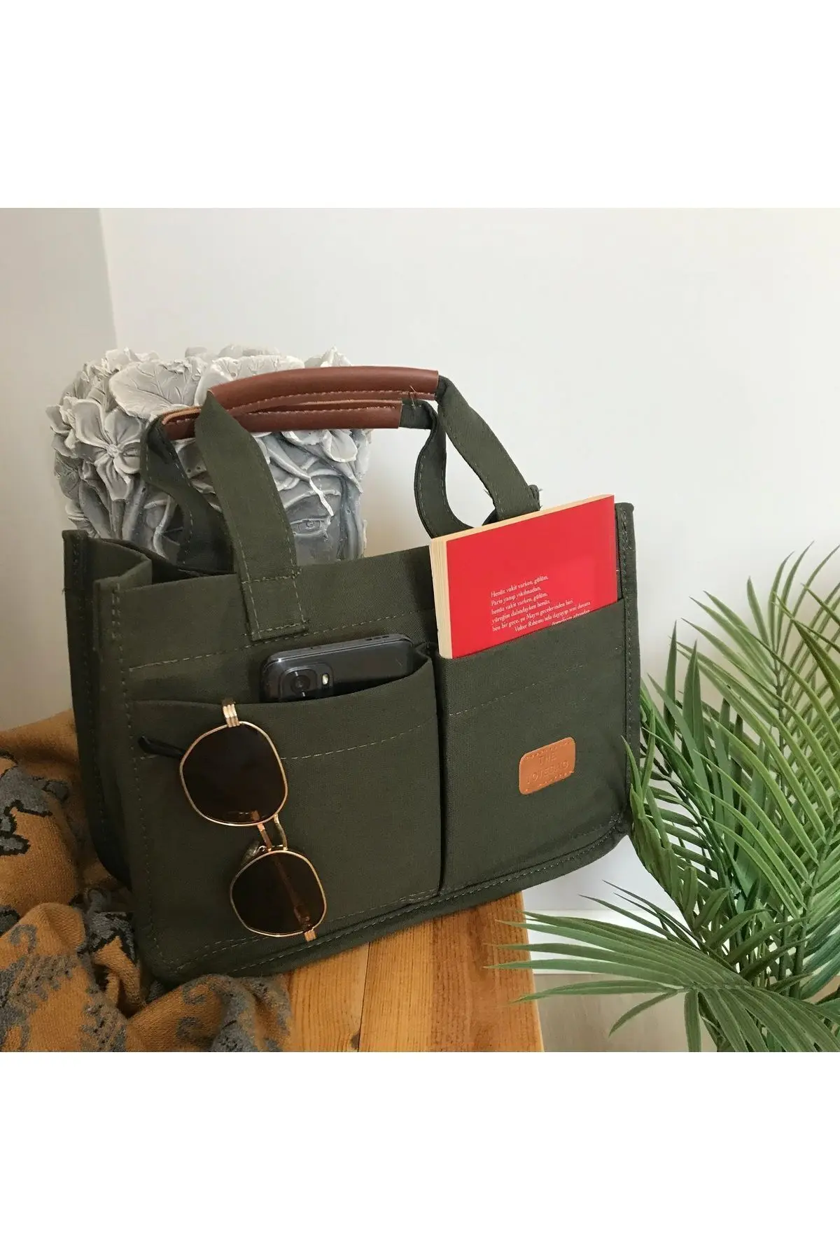 gabies Kadın Kanvas Kumaş Koyu Yeşil Renk İki Adet Ön Cepli Tote Bag El Ve Omuz Çantası KOYU YEŞİL