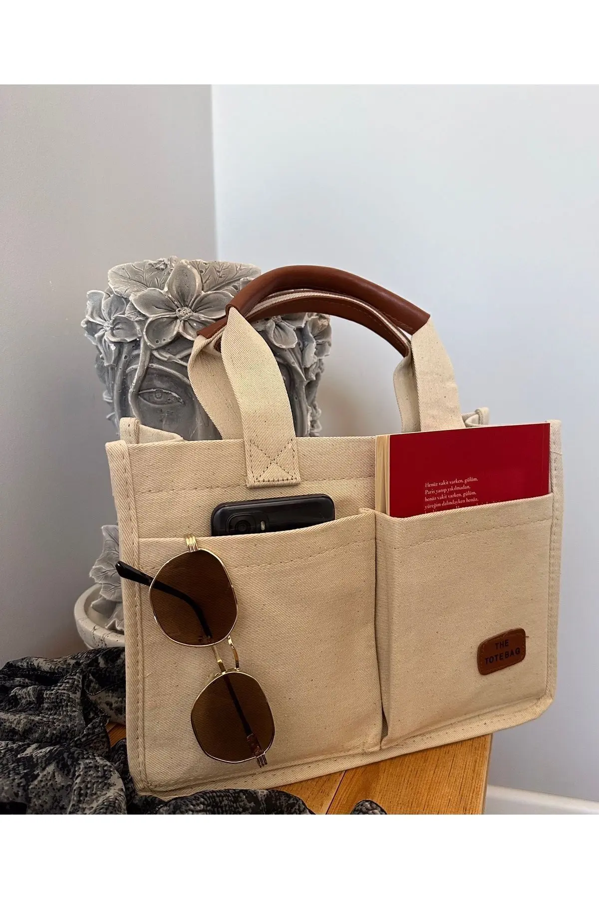 gabies Kadın Kanvas Kumaş Krem Renk İki Adet Ön Cepli Tote Bag El Ve Omuz Çantası krem