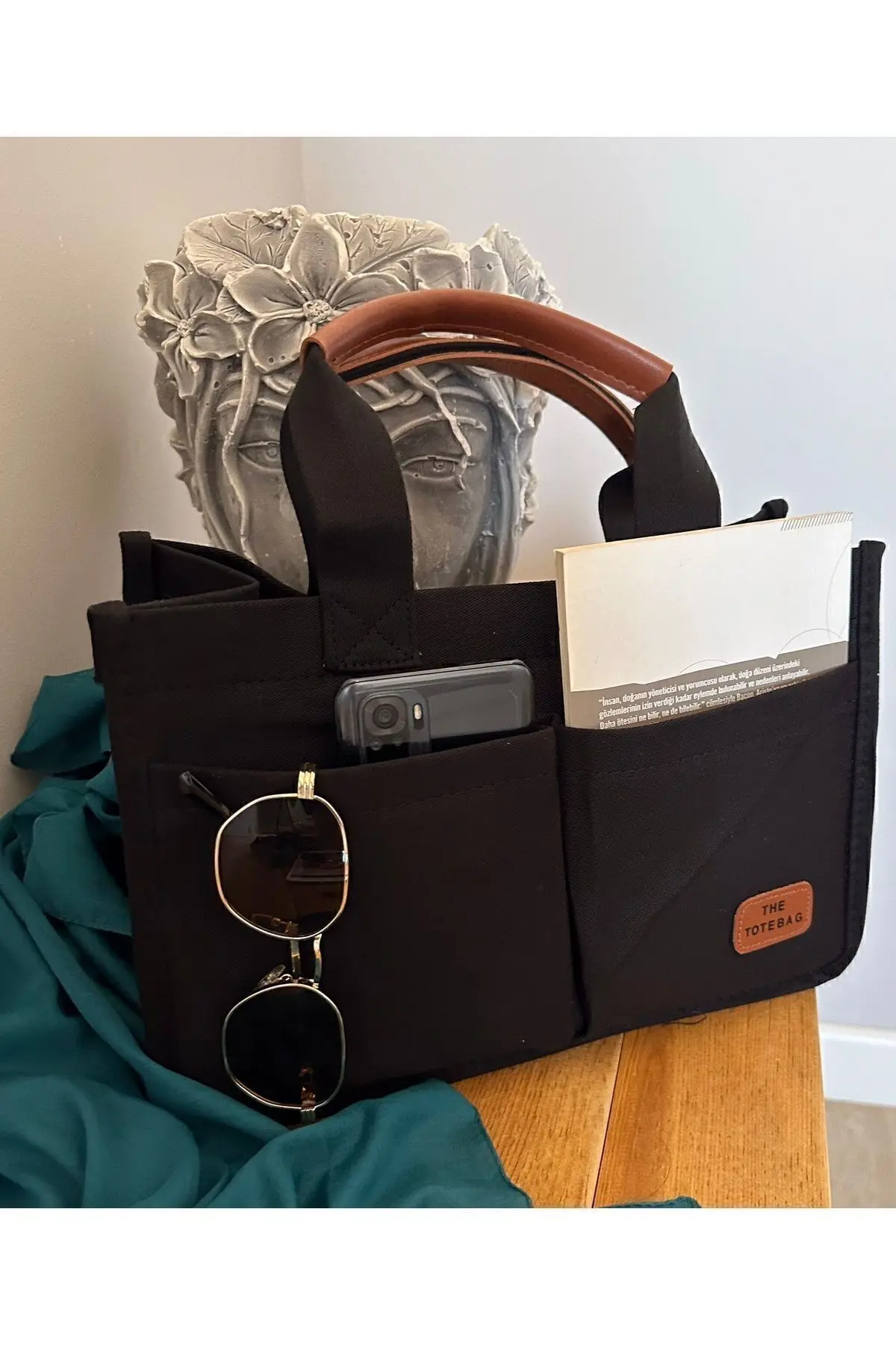 gabies Kadın Kanvas Kumaş Siyah Renk İki Adet Ön Cepli Tote Bag El Ve Omuz Çantası Siyah
