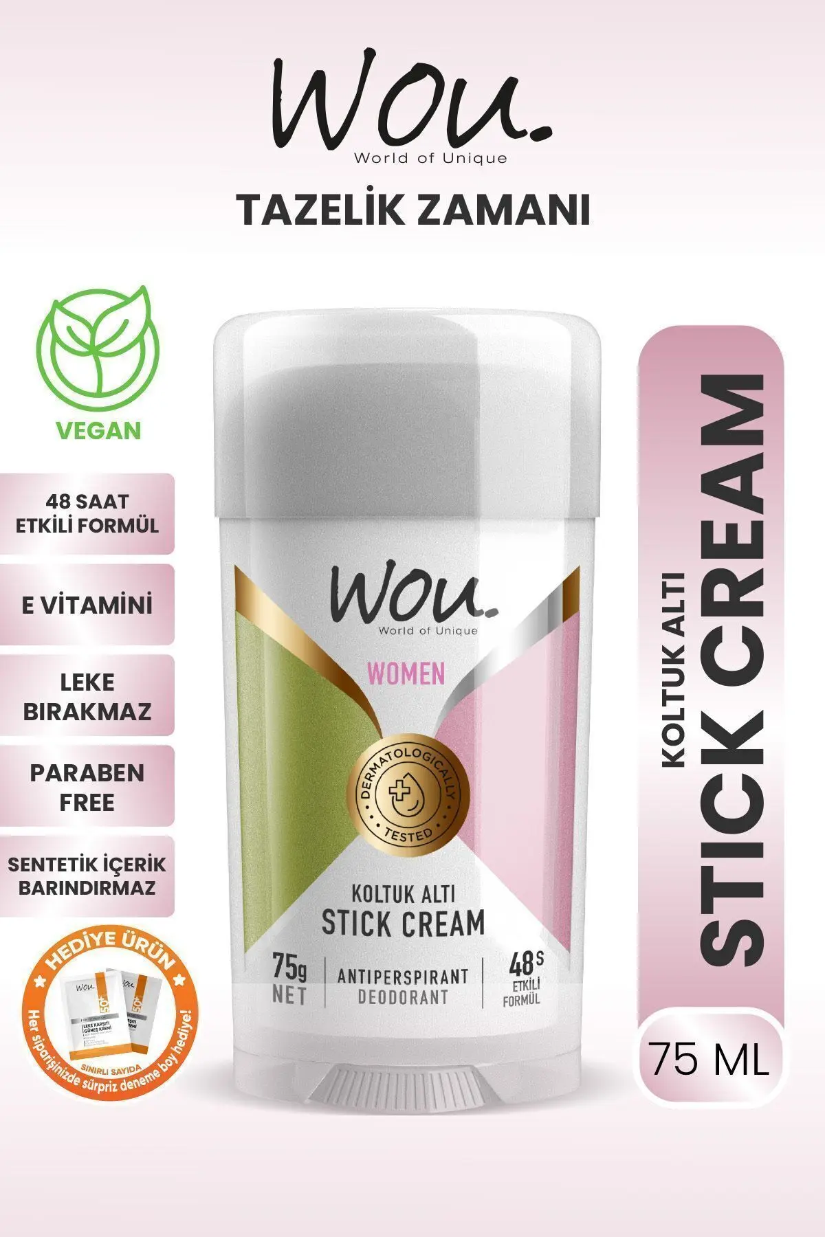 WOU World of Unique Stick Krem, Koltuk Altı Terleme Önleyici 48 Saat Etkin Koruma Vegan,kadın Koltu
