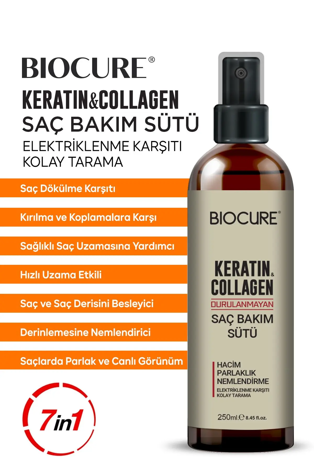Biocure Keratin Collagen Durulanmayan Saç Bakım Sütü Hacim, parlaklık nemlendirme Kolay Tarama 250ml.