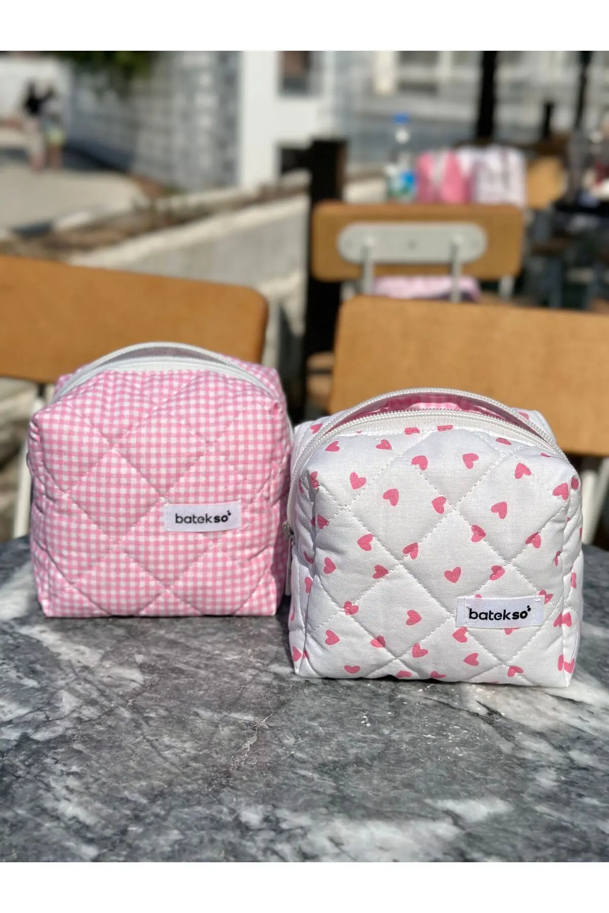 Batekso 2'li Mini Pembe Kalp Ve Pembe Kare Desenli Makyaj Çantası - Küçük Boy