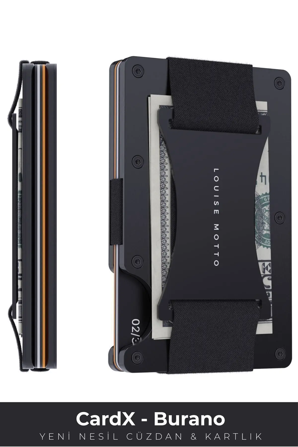 Louise Motto Cardx - Burano Strap - Yeni Nesil Minimalist Cüzdan, Kartlık Premium Malzeme, Rfıd Korumalı (SİYAH) Siyah