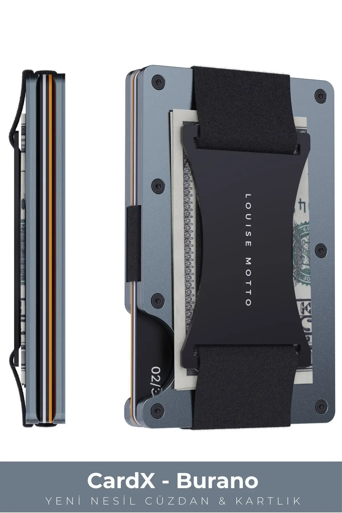 Louise Motto Cardx - Burano Strap - Yeni Nesil Minimalist Cüzdan & Kartlık Premium Malzeme, Rfıd Korumalı - Gri Gri