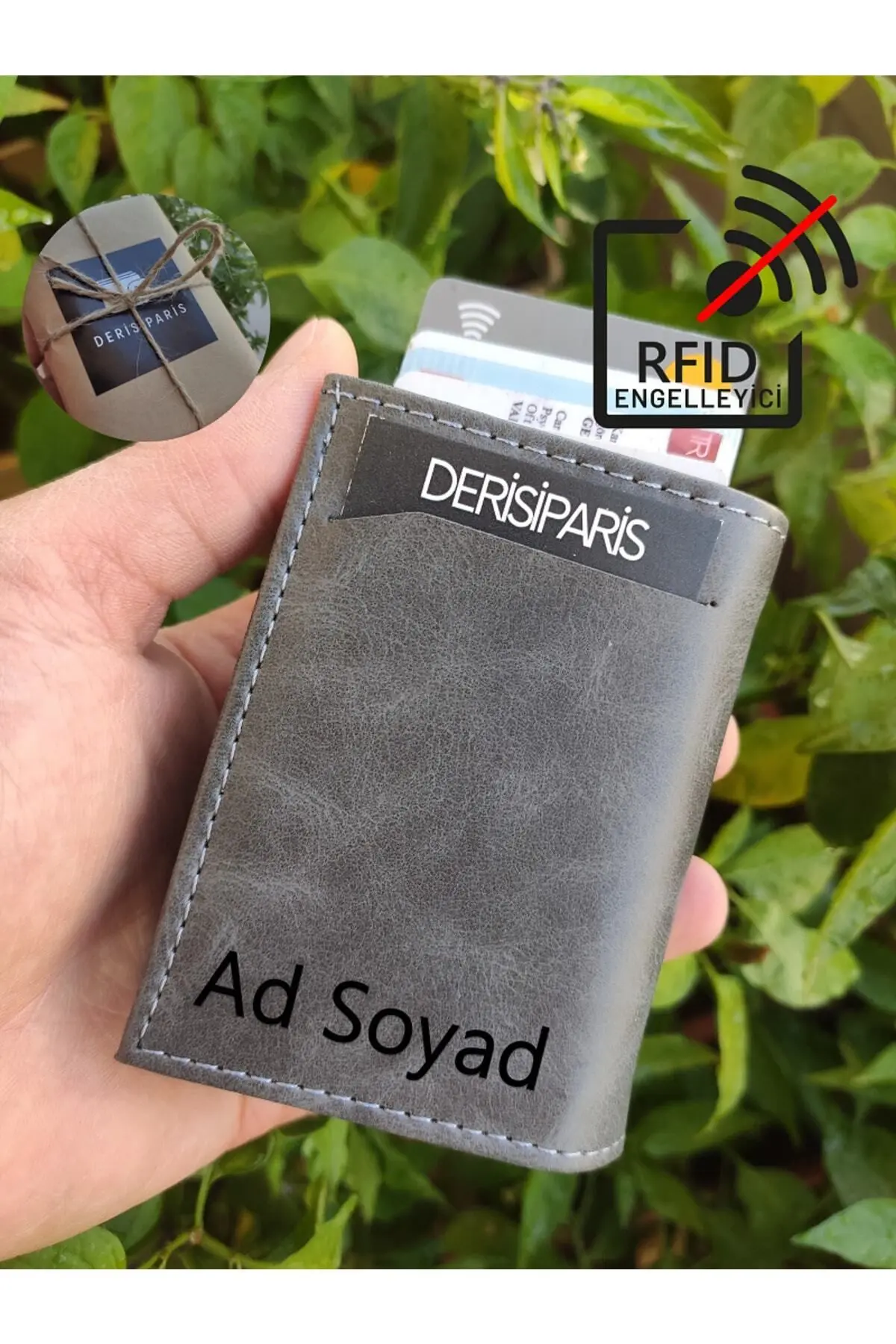 YNS LEATHER Mekanizmalı Cüzdan Erkek Kartlık Cüzdan Isim Baskılı Kişiye Özel Gri
