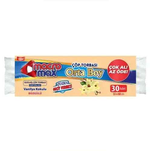 Macromax Büzgülü Orta Boy Çöp Torbası Vanilya 30 Adet