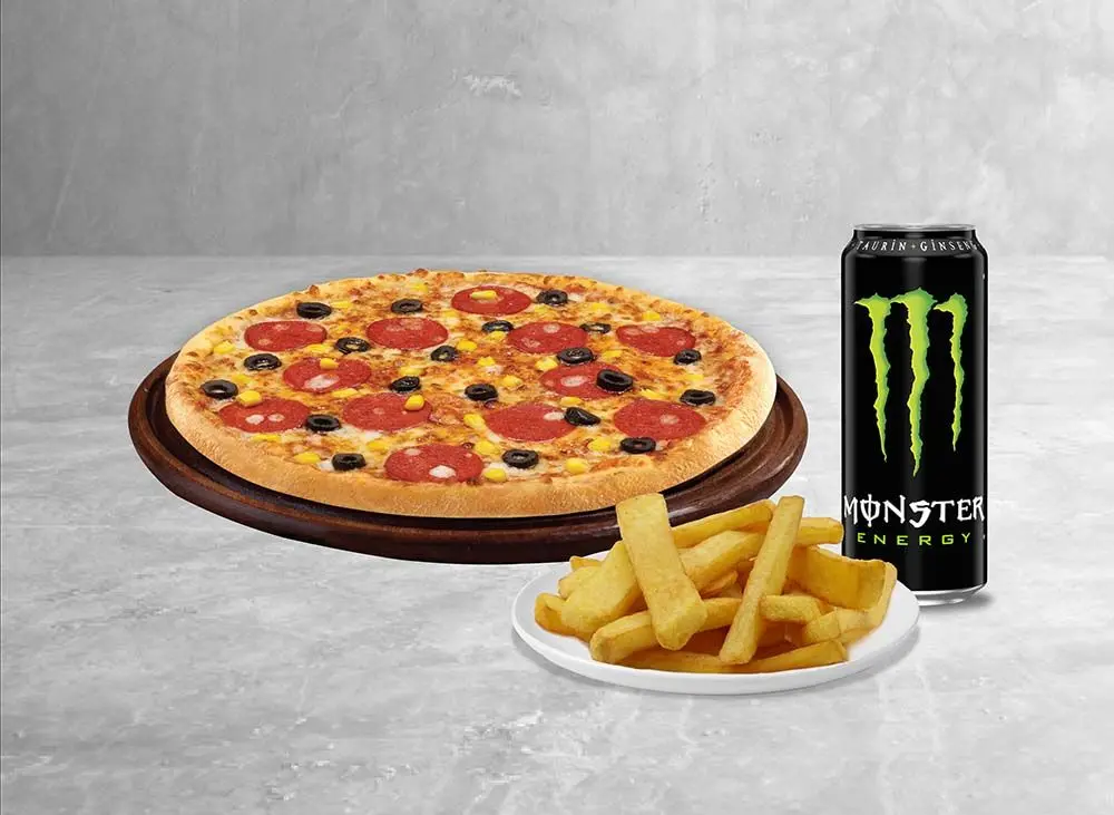 Orta Boy Pizza + Patates + Tavuk +  Monster Enerji İçeceği