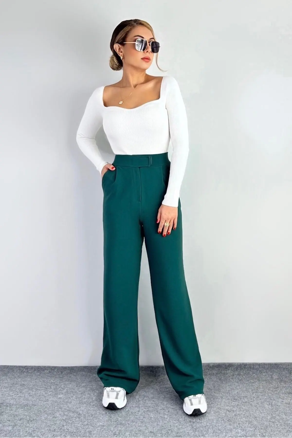 Line Kadın Likralı Cırt Kapama Zümrüt Yeşili Palazzo Pantolon