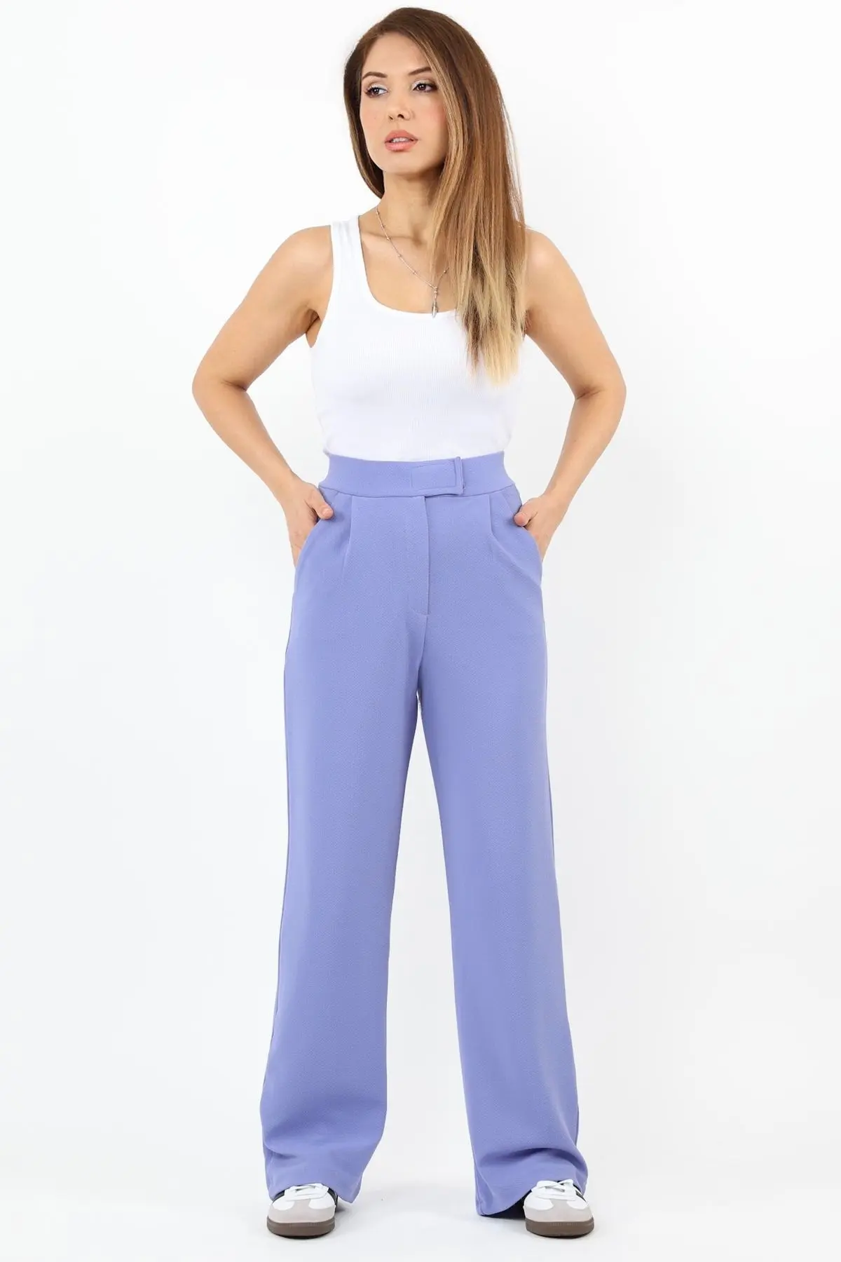 Ritnice Line Kadın Likralı Cırt Kapama Eflatun Palazzo Pantolon