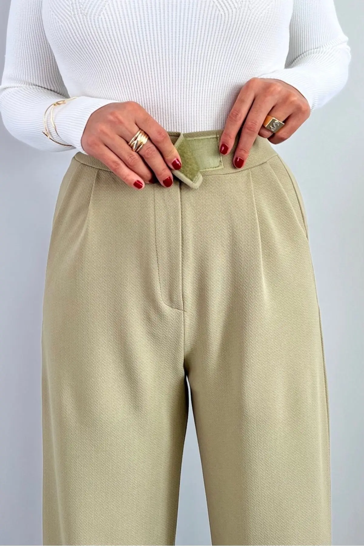 Line Kadın Likralı Cırt Kapama Yağ Yeşili Palazzo Pantolon