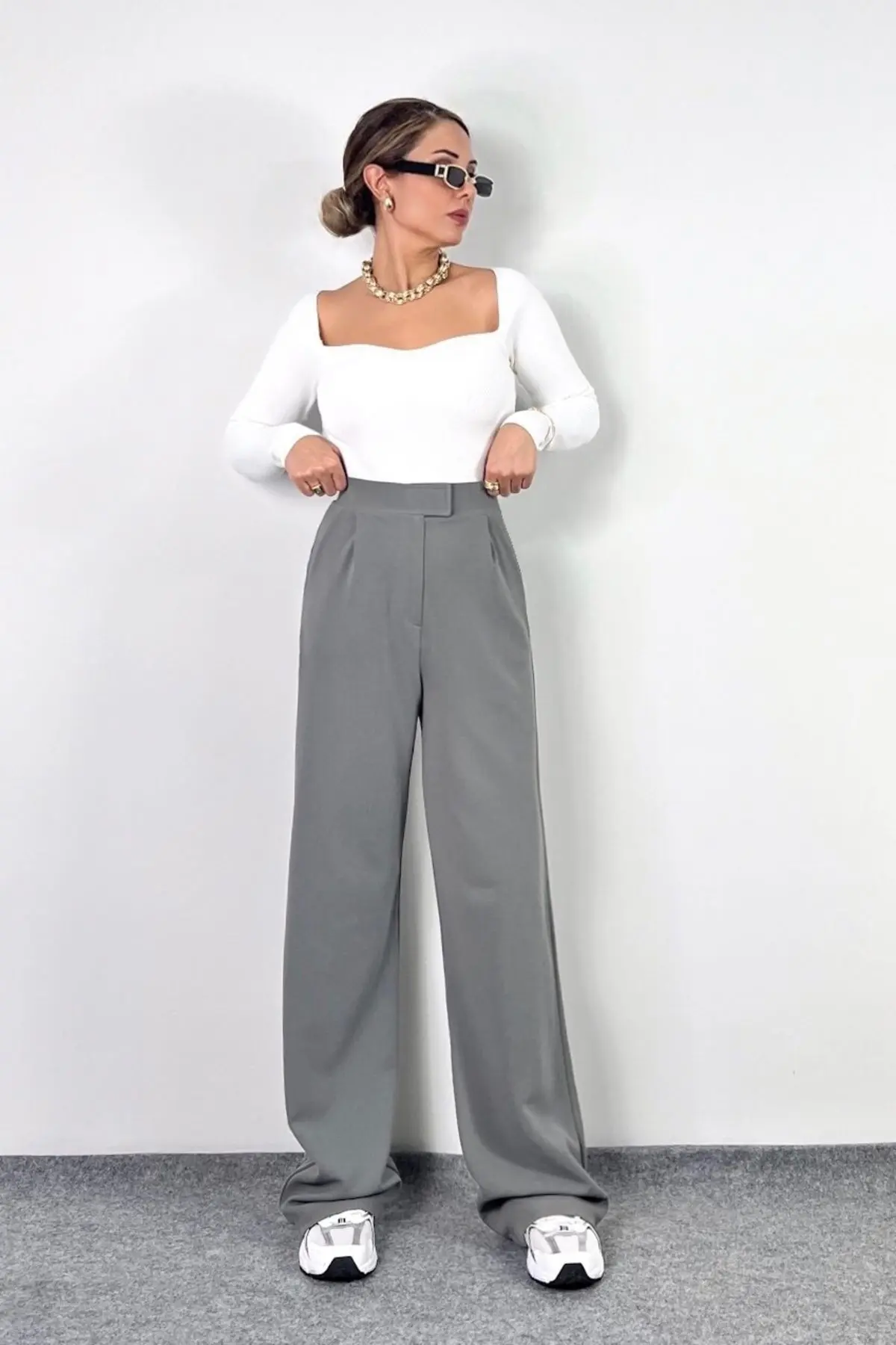 Line Kadın Likralı Cırt Kapama Gri Palazzo Pantolon