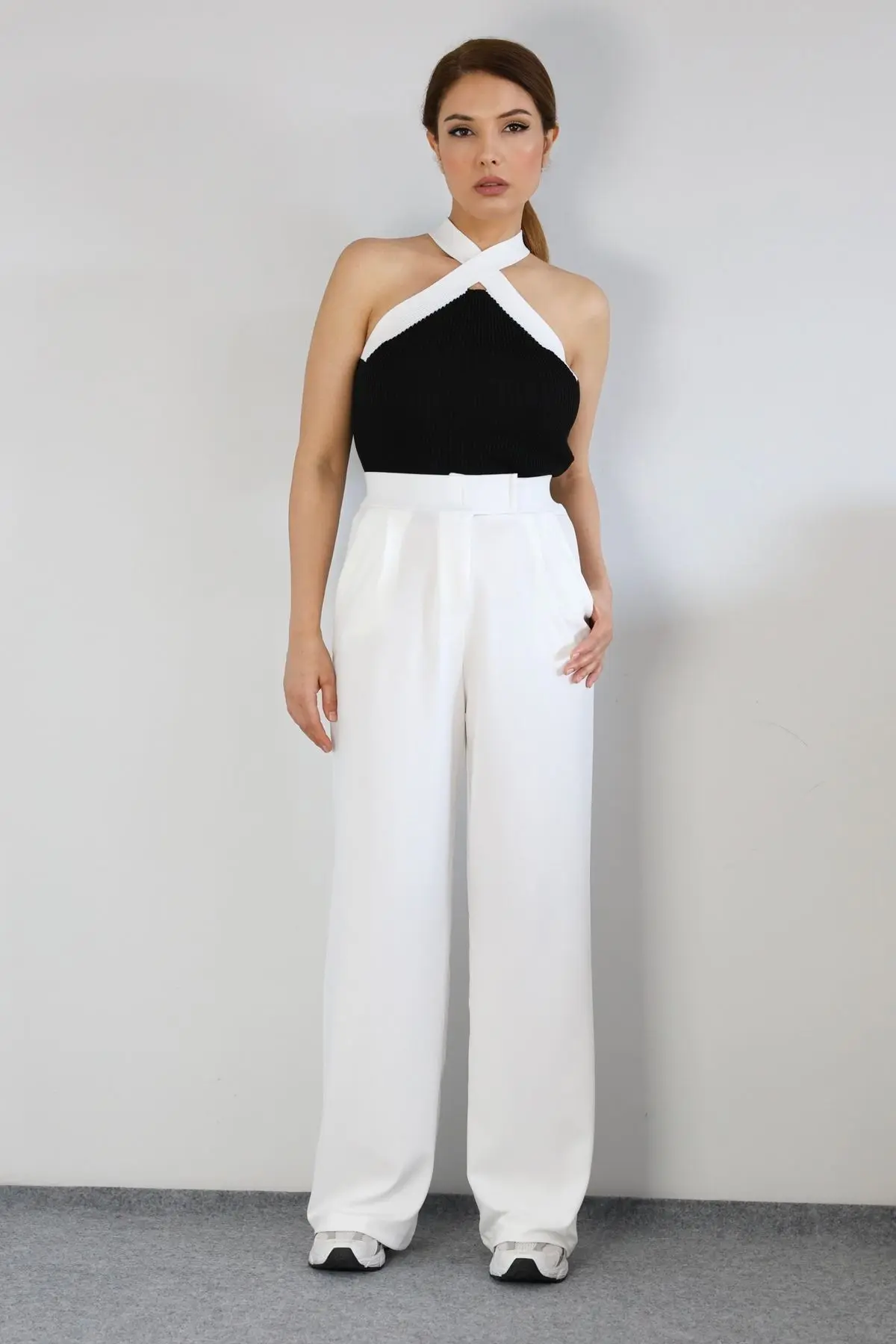 Line Kadın Likralı Cırt Kapama Beyaz Palazzo Pantolon