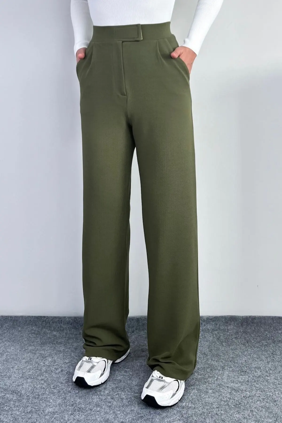 Ritnice Line Kadın Likralı Cırt Kapama Haki Palazzo Pantolon