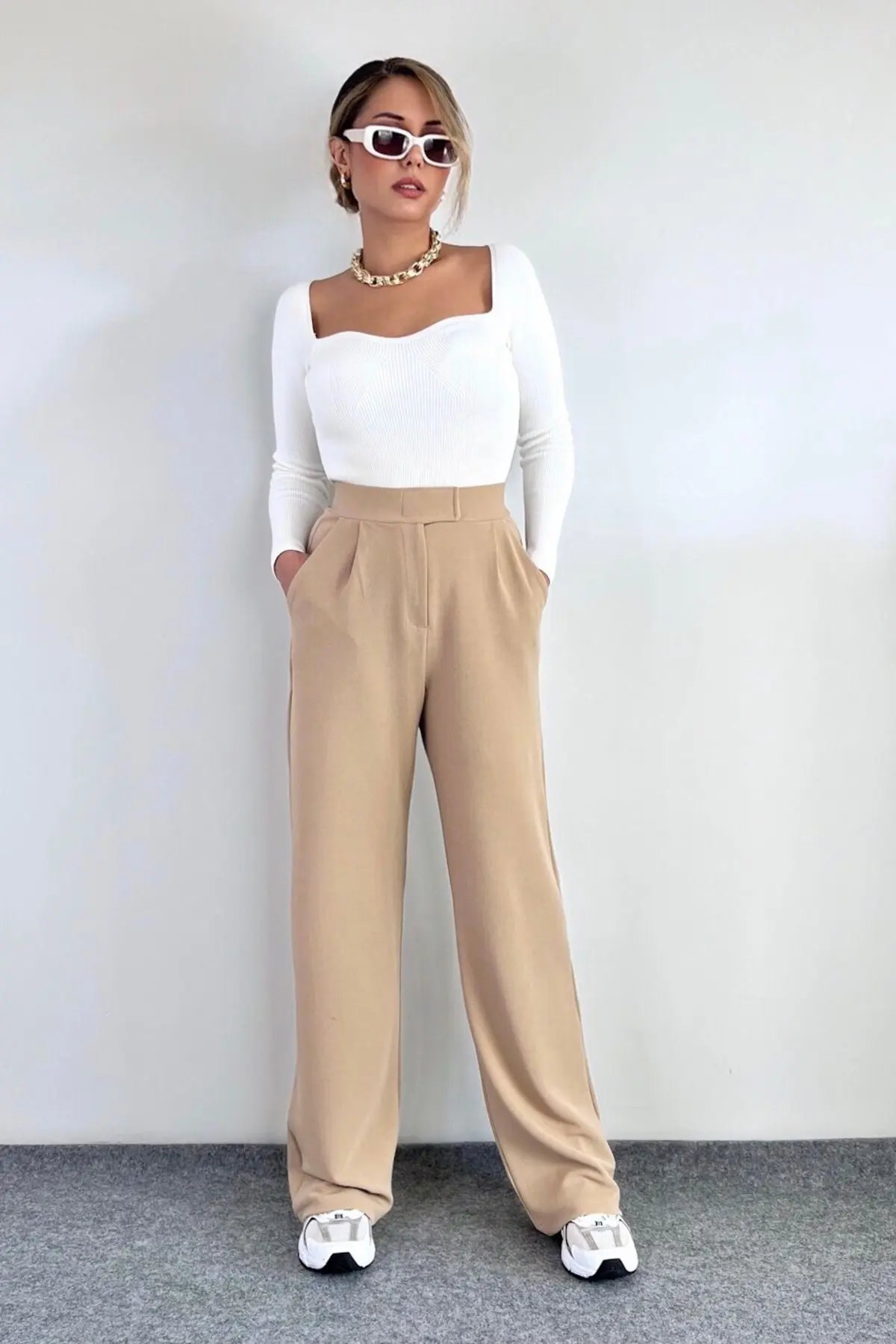 Line Kadın Likralı Cırt Kapama Bej Palazzo Pantolon