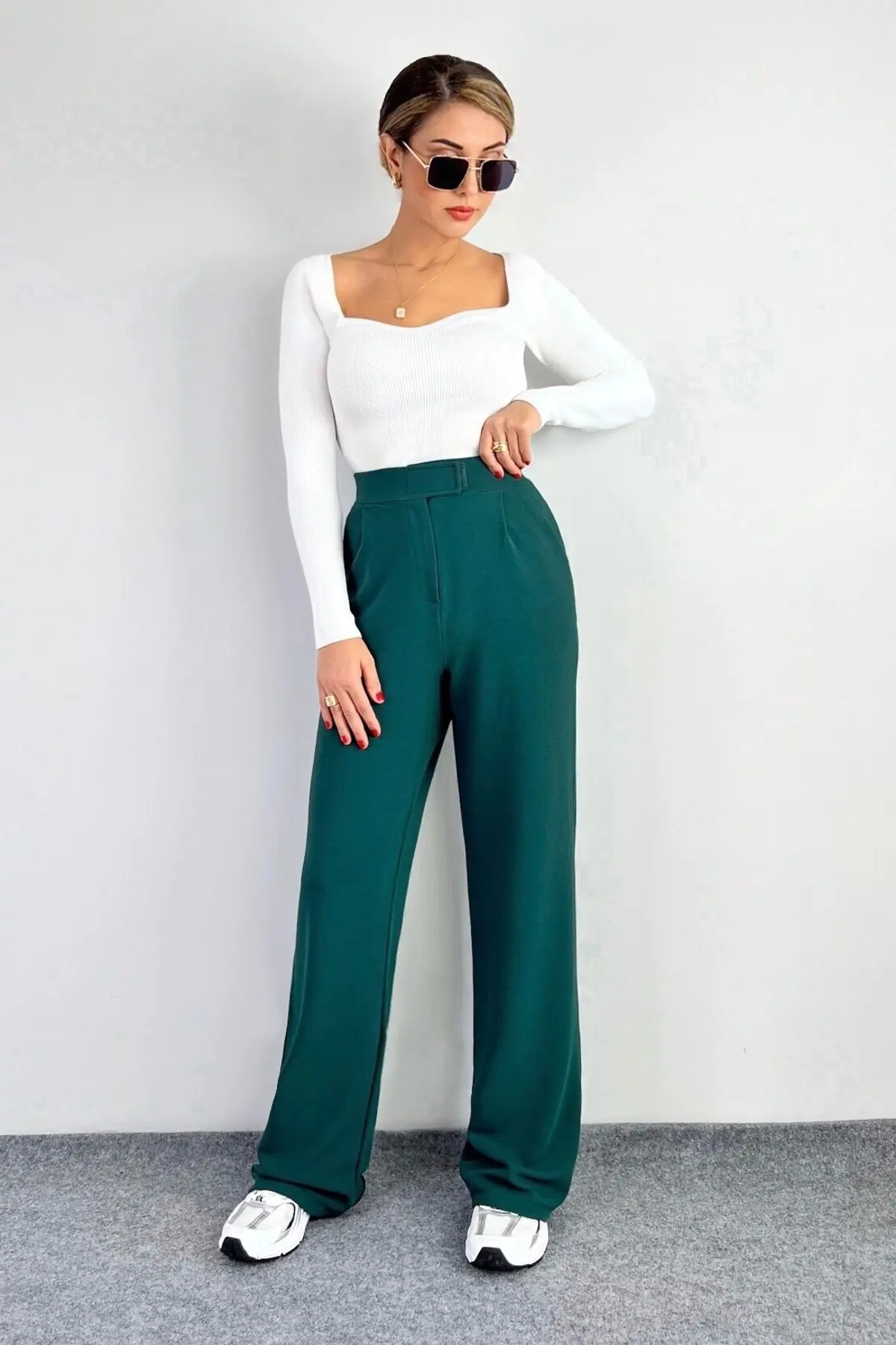 Line Kadın Likralı Cırt Kapama Zümrüt Yeşili Palazzo Pantolon