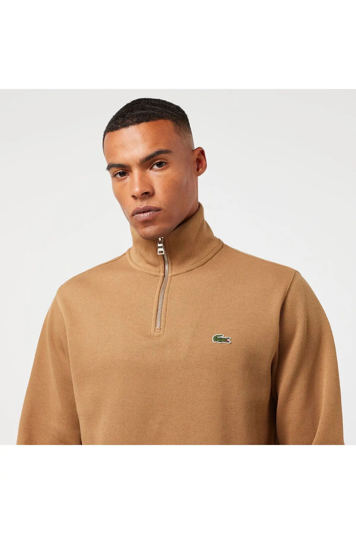 Erkek Classic Fit Yarım Fermuarlı Kahverengi Sweatshirt