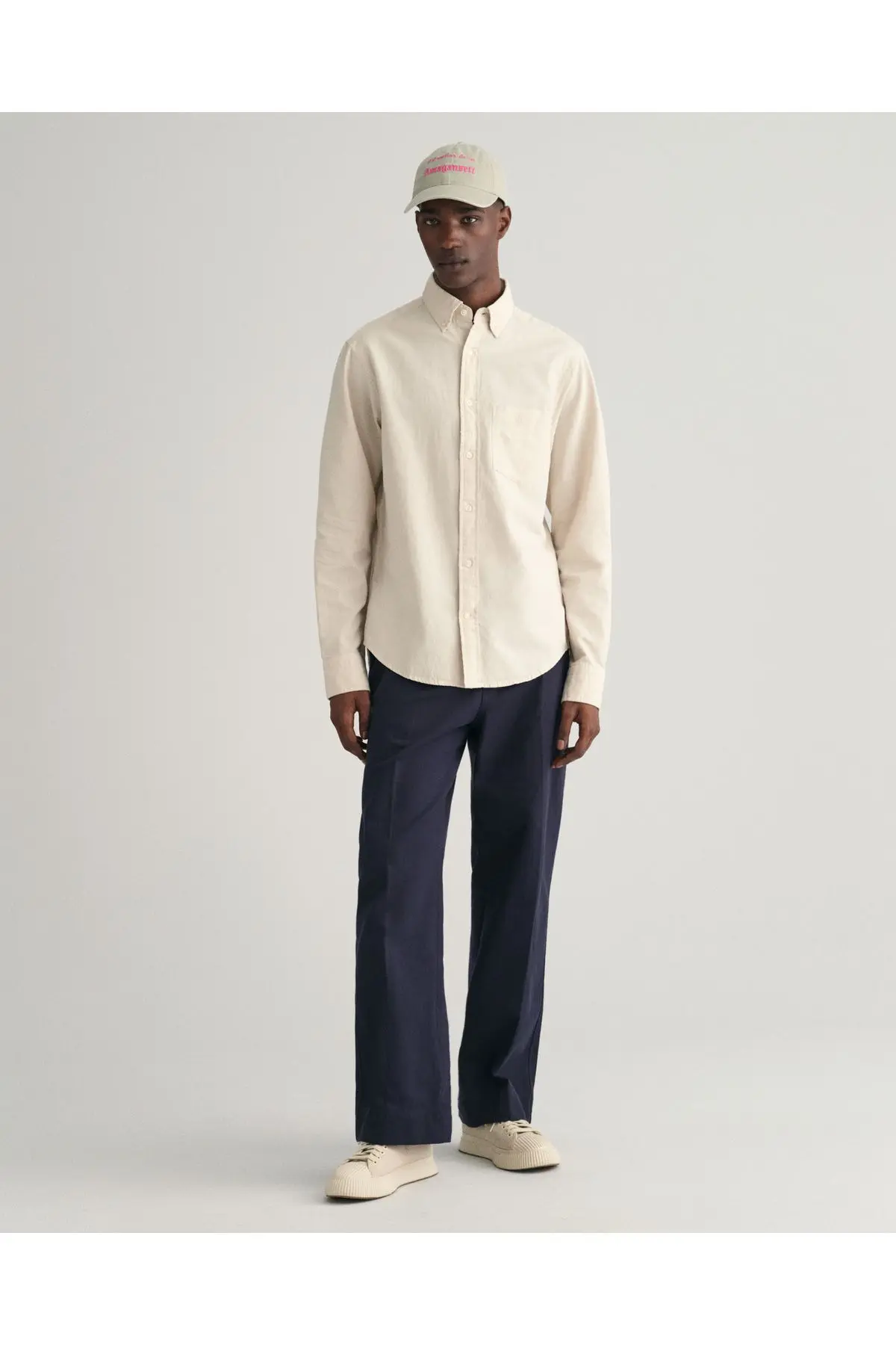 Erkek Bej Regular Fit Düğmeli Yaka Oxford Gömlek