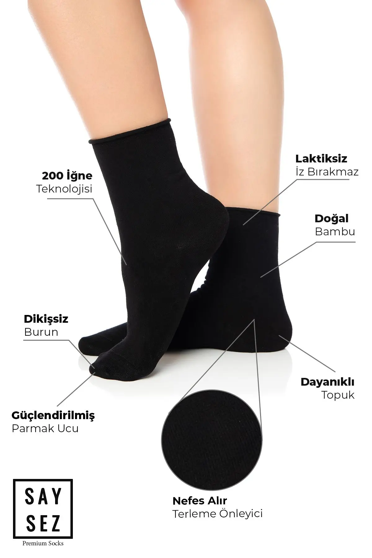 Bambu Kadın Lastiksiz Siyah Soket Dikişsiz Premium Çorap 3'lü Paket / İz Bırakmaz / Sıkmayan Çorap