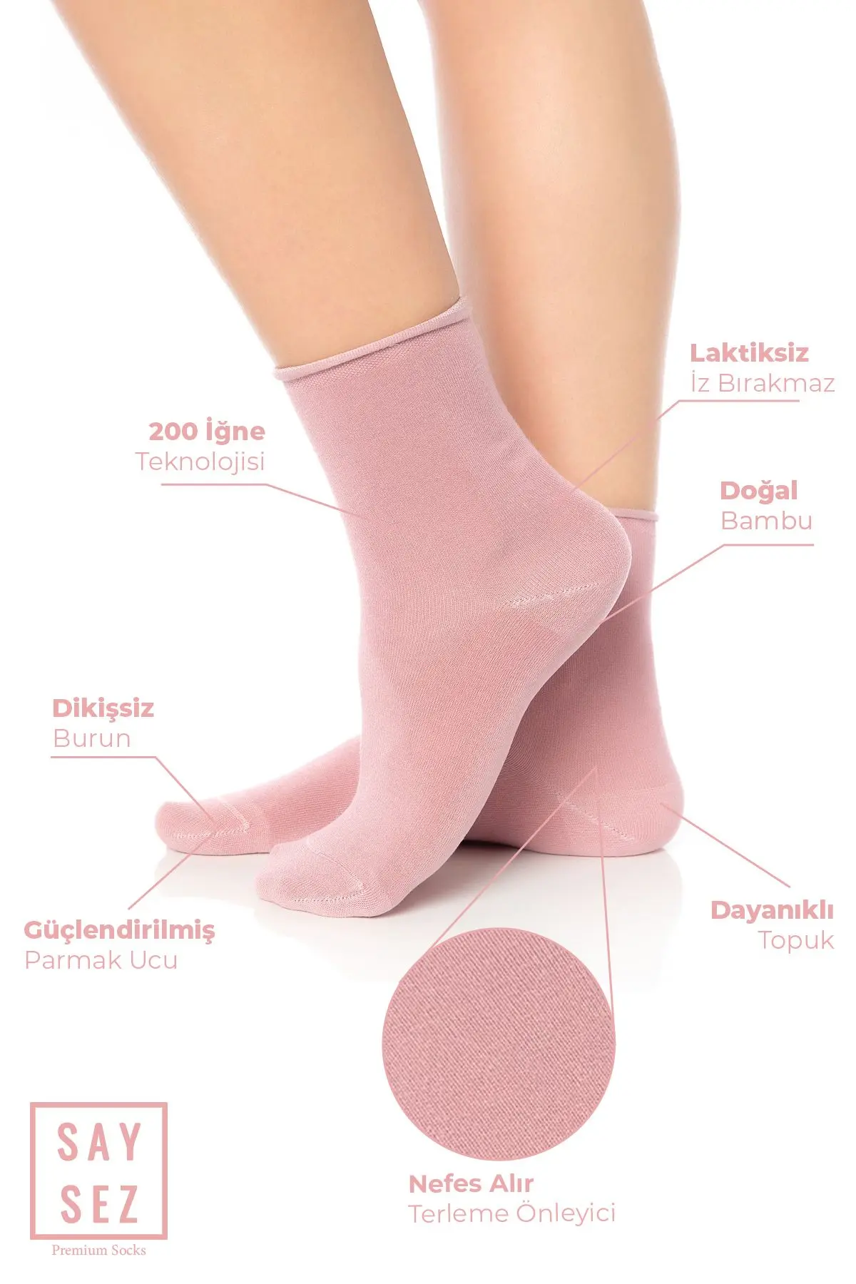 Bambu Kadın Lastiksiz Pembe Soket Dikişsiz Premium Çorap 3'lü Paket / İz Bırakmaz / Sıkmayan Çorap
