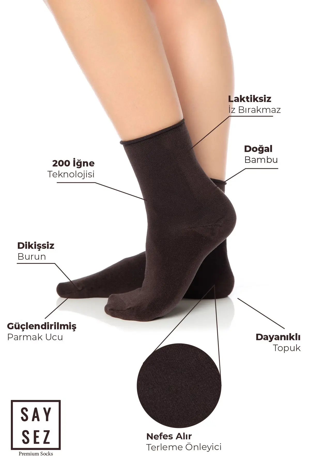 Bambu Kadın Lastiksiz Kahverengi Soket Dikişsiz Premium Çorap 3'lü Paket / İz Bırakmaz-Sıkmaz Çorap