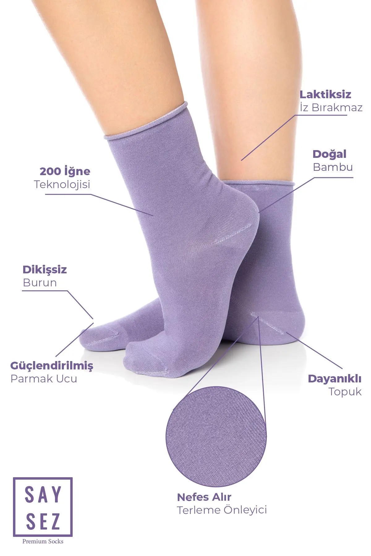 Bambu Kadın Lastiksiz Lila-Mor Soket Dikişsiz Premium Çorap 3'lü Paket / İz Bırakmaz / Sıkmaz Çorap