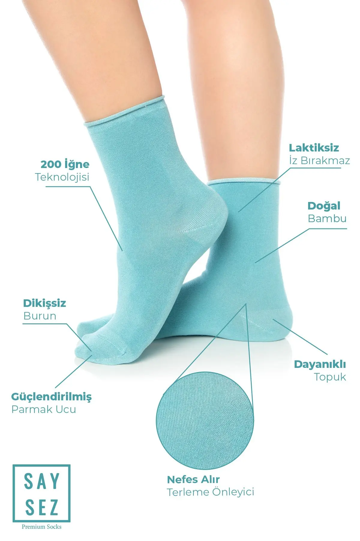 Bambu Kadın Lastiksiz Su Yeşili Soket Dikişsiz Premium Çorap 3'lü Paket / İz Bırakmaz / Sıkmaz Çorap