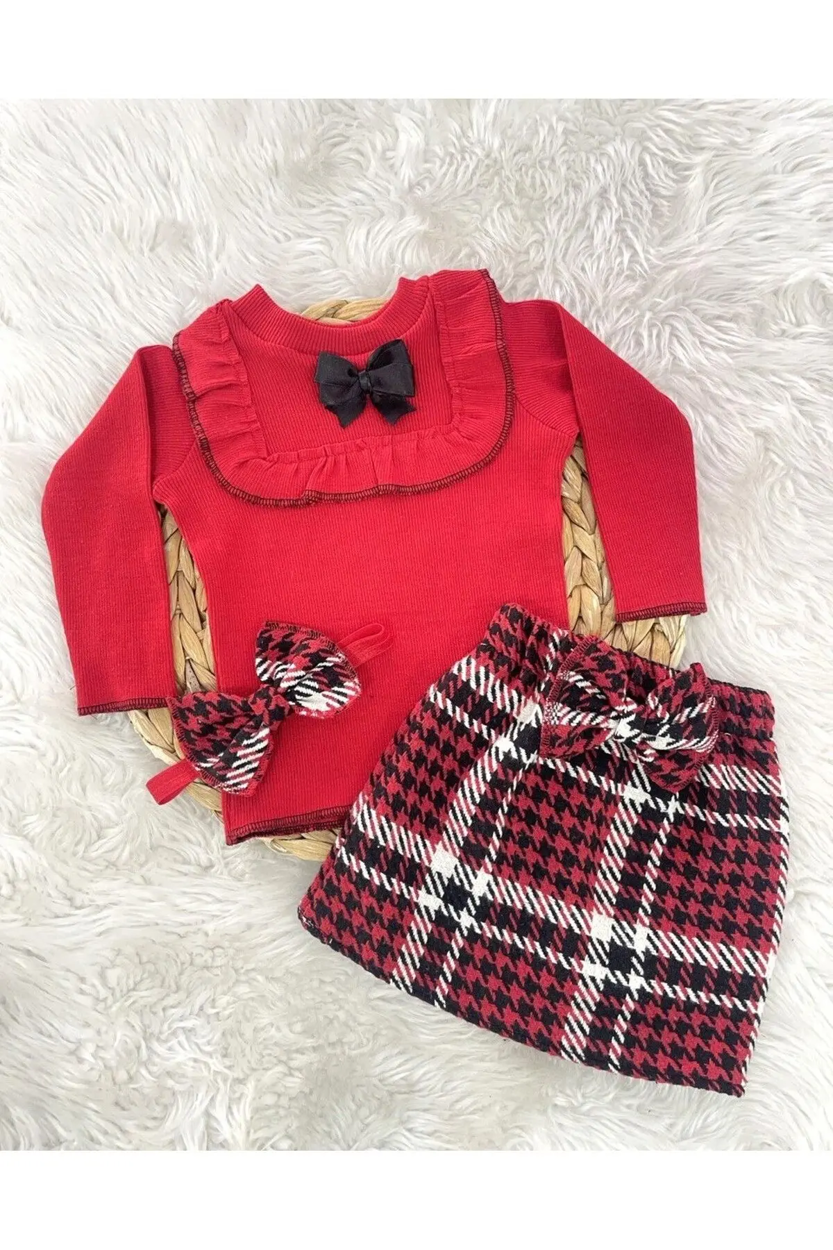 AKİF GİYİM KIZ ÇOCUK FİYONKLU KAZAYAĞI ETEK BADİ BANDANA TAKIMI