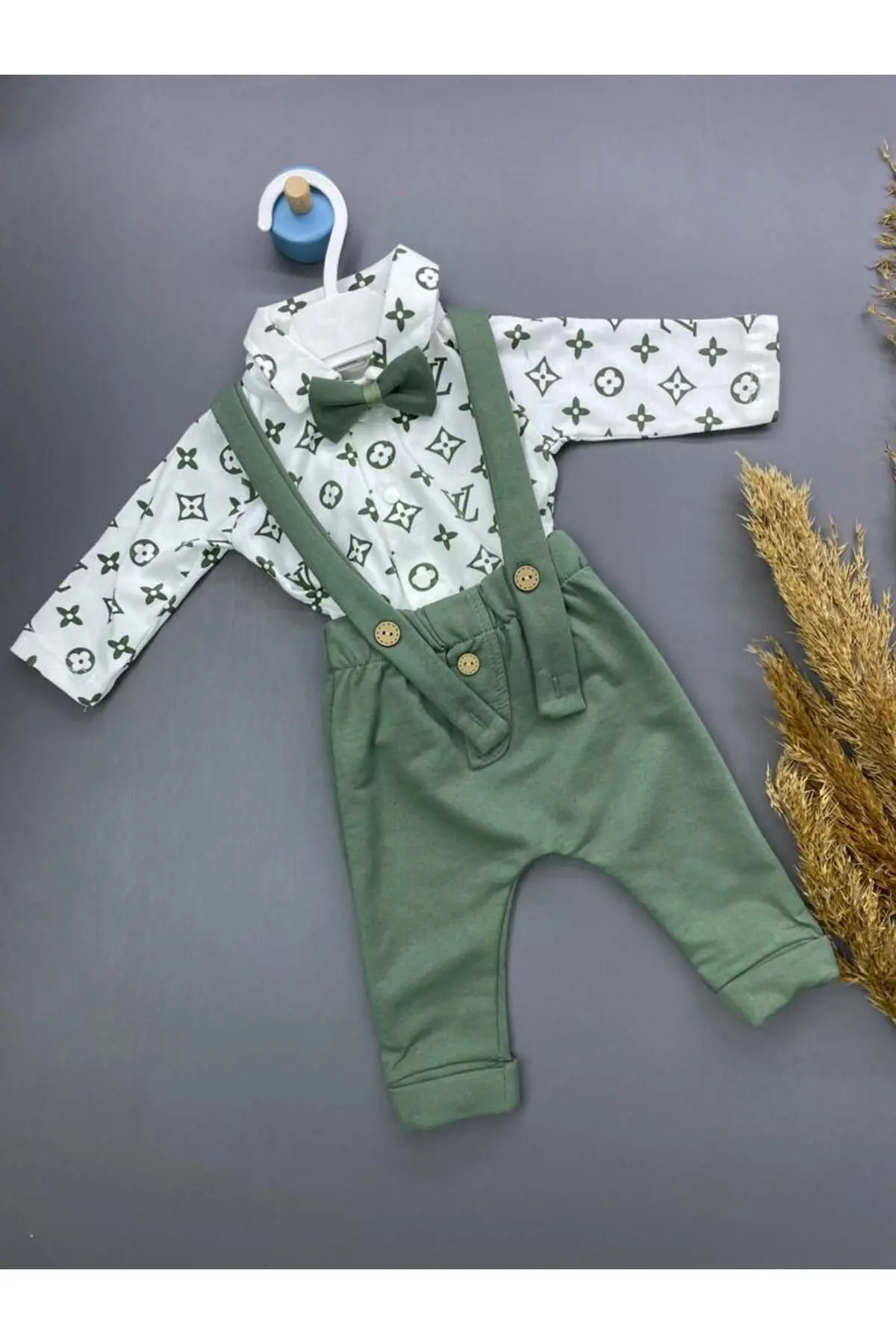 ZİMBOO AHŞAP DÜĞMELİ PAPYONLU ERKEK BEBEK SLOPET TAKIM