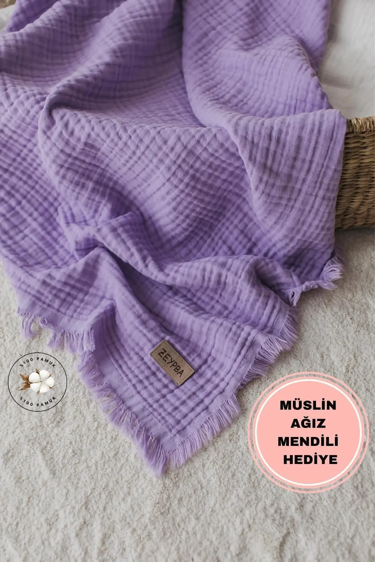 ZEYPBA Lila Müslin Püsküllü Lila 4 Katlı Müslin 110x110cm / Yeni Seri /110x110cm