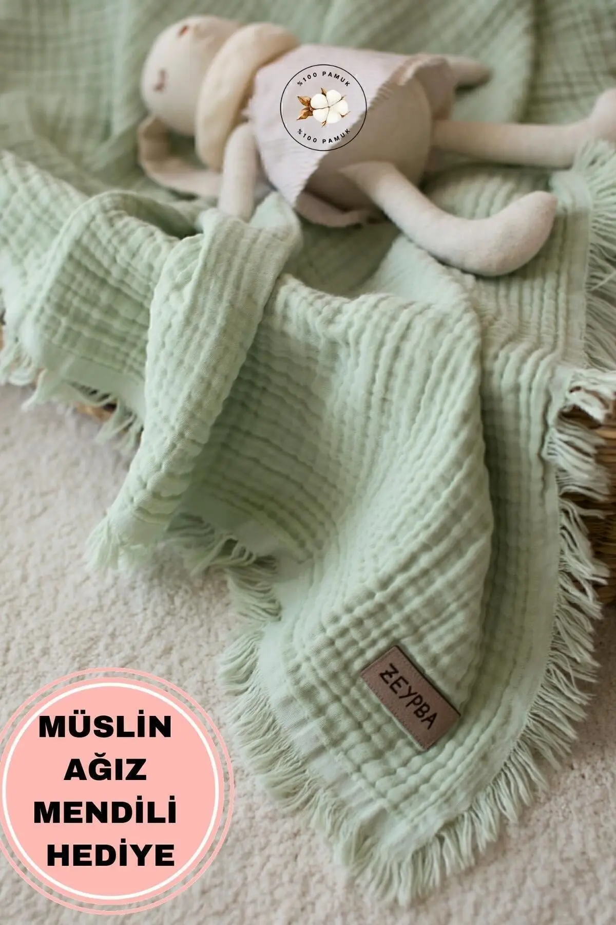 ZEYPBA Su Yeşil Muslin 4 Katlı Müslin %100 Pamuk 110x110cm Pamuksu Yumuşaklık / Yeni Seri