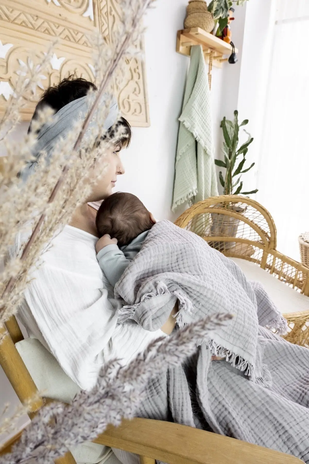 Gri 4katlı Müslin Pamuksu Yumuşaklık Bebek &çocuk Müslin Örtü %100 Pamuk /110x110cm