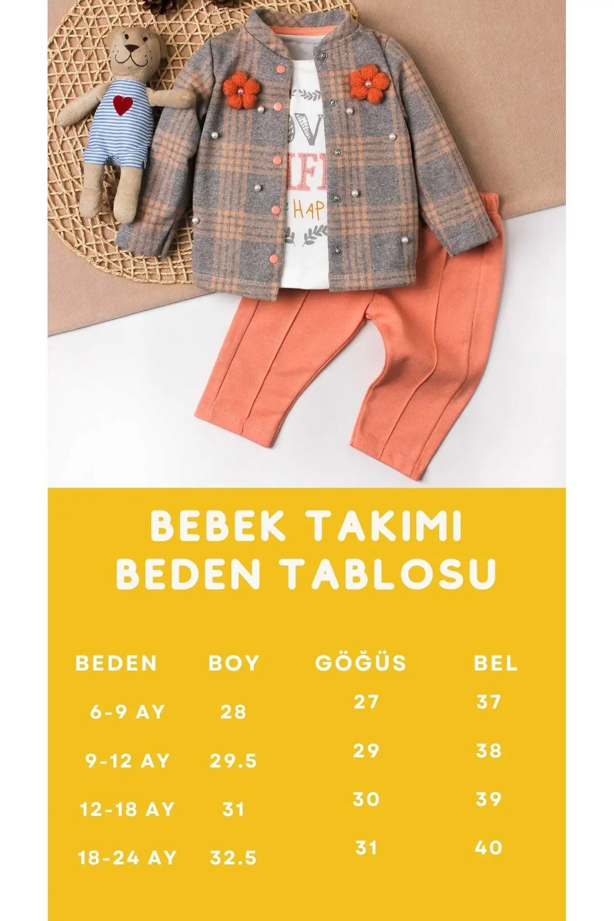 %100 Pamuklu Ekose Kumaş Bebek Üçlü Takım