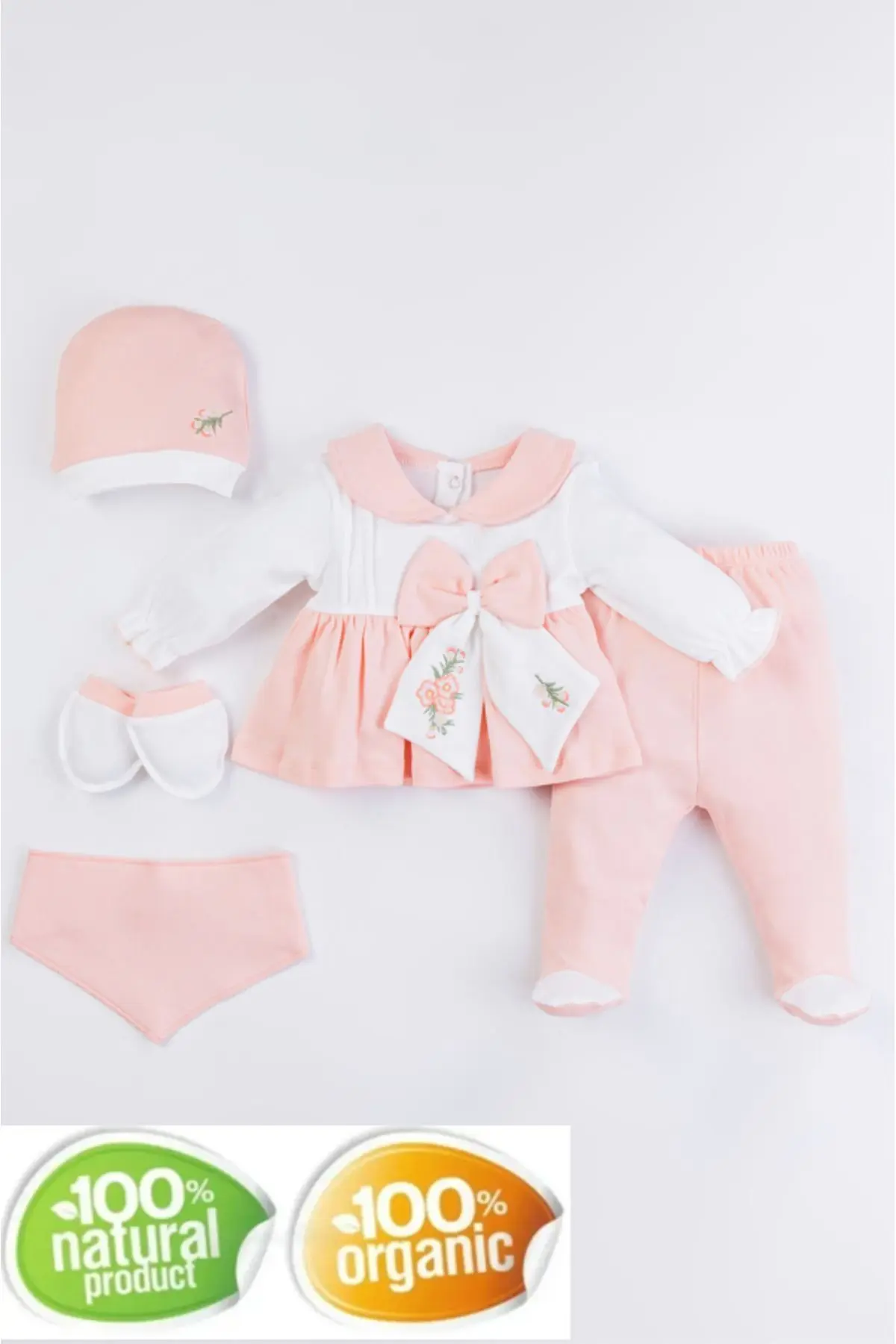 hastane çıkışı organik kumaş nakışlı fiyonklu 5li hastane cıkışı 100%pamuk