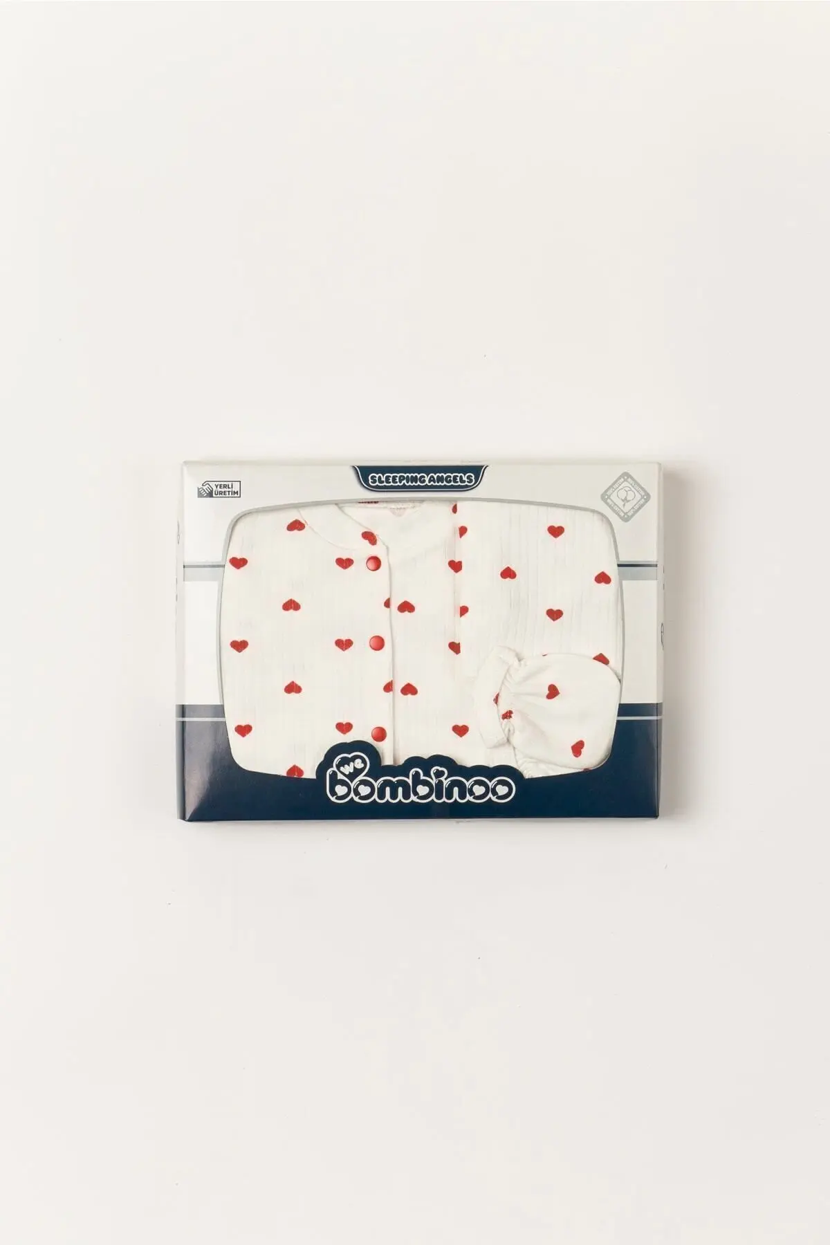 teknotrust Organik 5 Parça Yeni Doğan Zıbın Set Hastane Cıkışı Fitilli Ekru Kumaşa Kırmızı Kalpli Kutulu %100