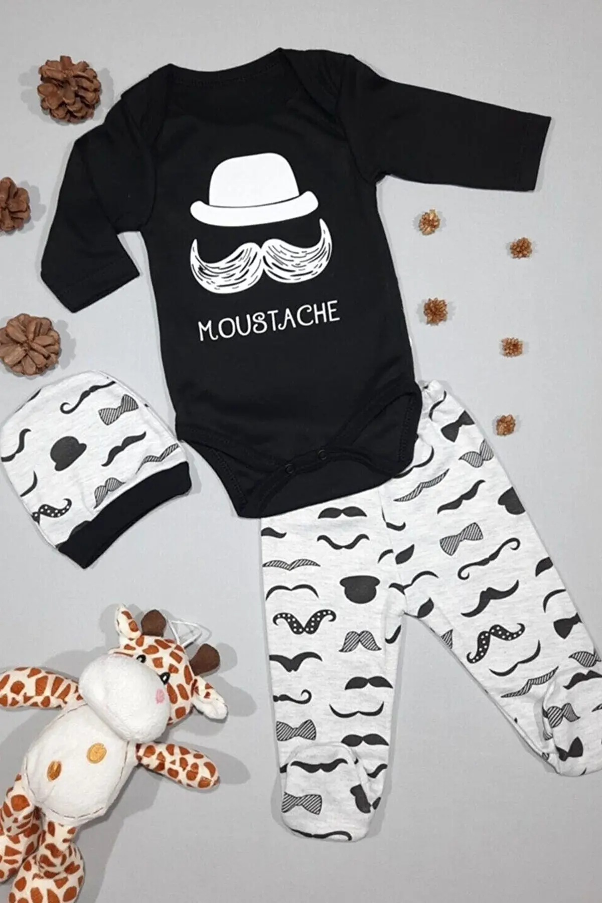 Bebek Siyah Bıyıklı  Zıbın Takımı 3 Lü