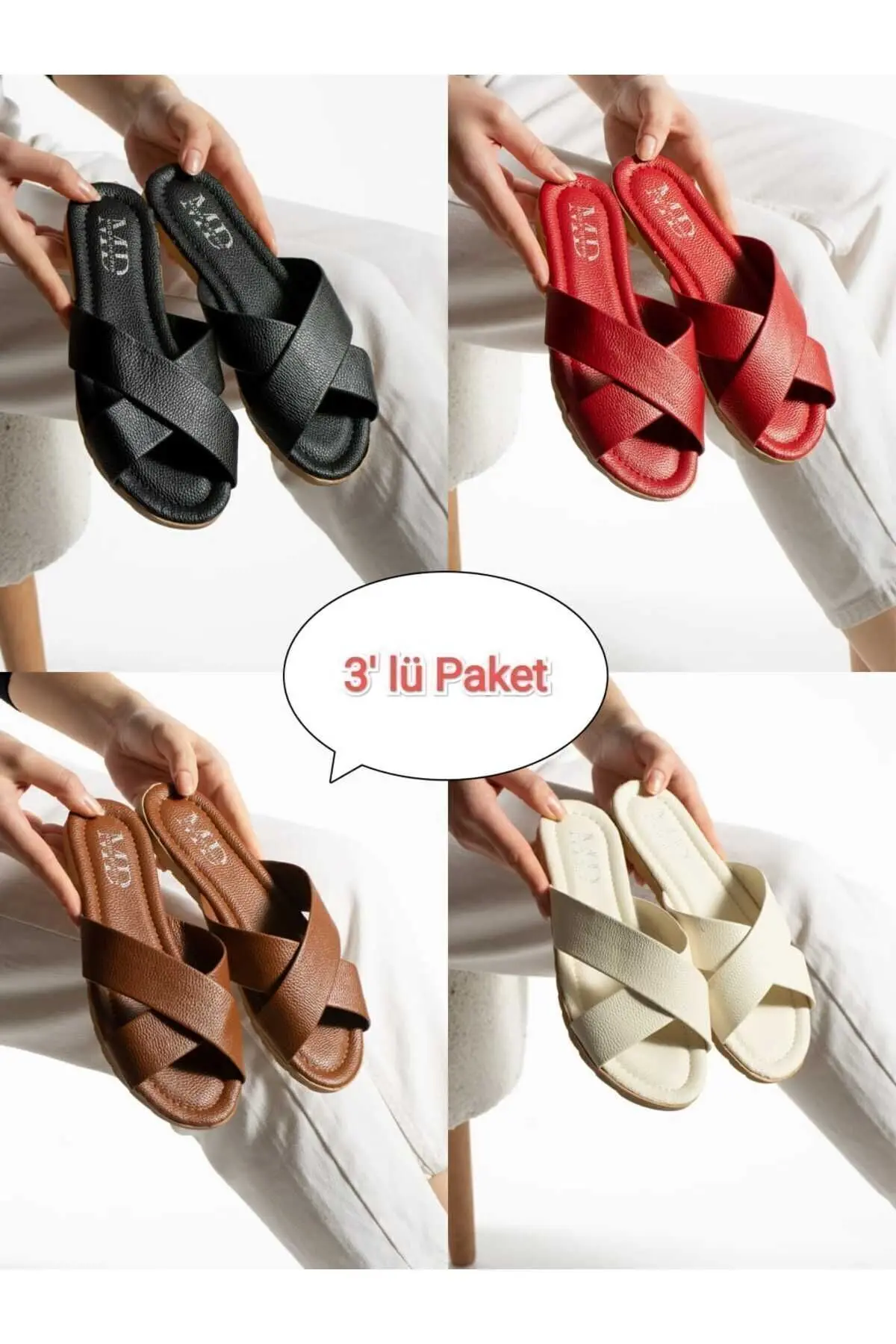 3'lü Paket Çapraz Kadın Terlik Dış Mekan Ve Ev Terliği Çeyiz Bohça Seti