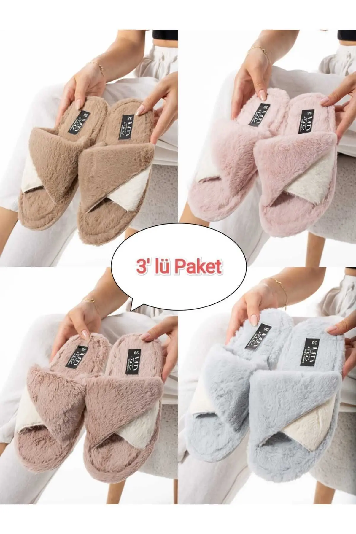 3'lü Paket Kışlık Dikişli Taban Çinçila Peluş Kumaş Burgu Terlik Ev Terliği Çeyiz Bohça Seti