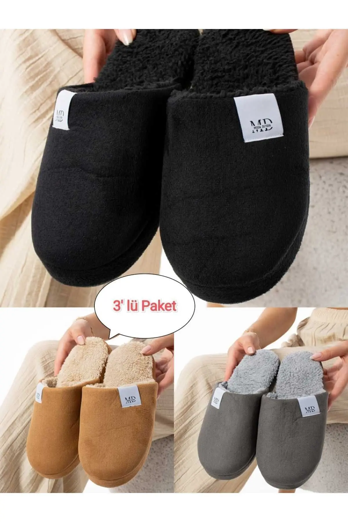 3'lü Paket Unisex Kaymaz Taban İçi Kürklü Kışlık Terlik Ev Terliği Çeyiz Bohça Seti