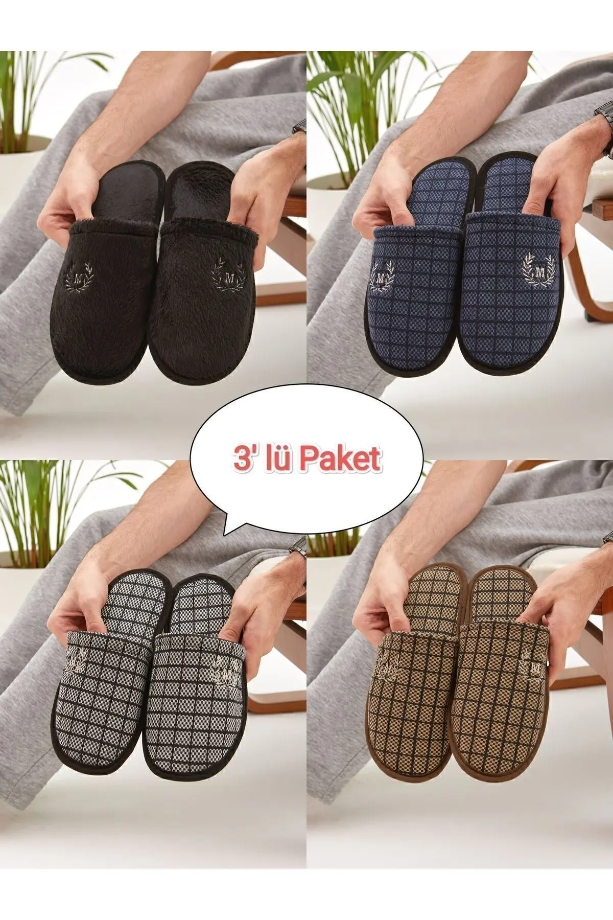 Moda Devrin 3'lü Paket M Kışlık Terlik Ev Terliği Çeyiz Bohça Seti Misafir Terliği