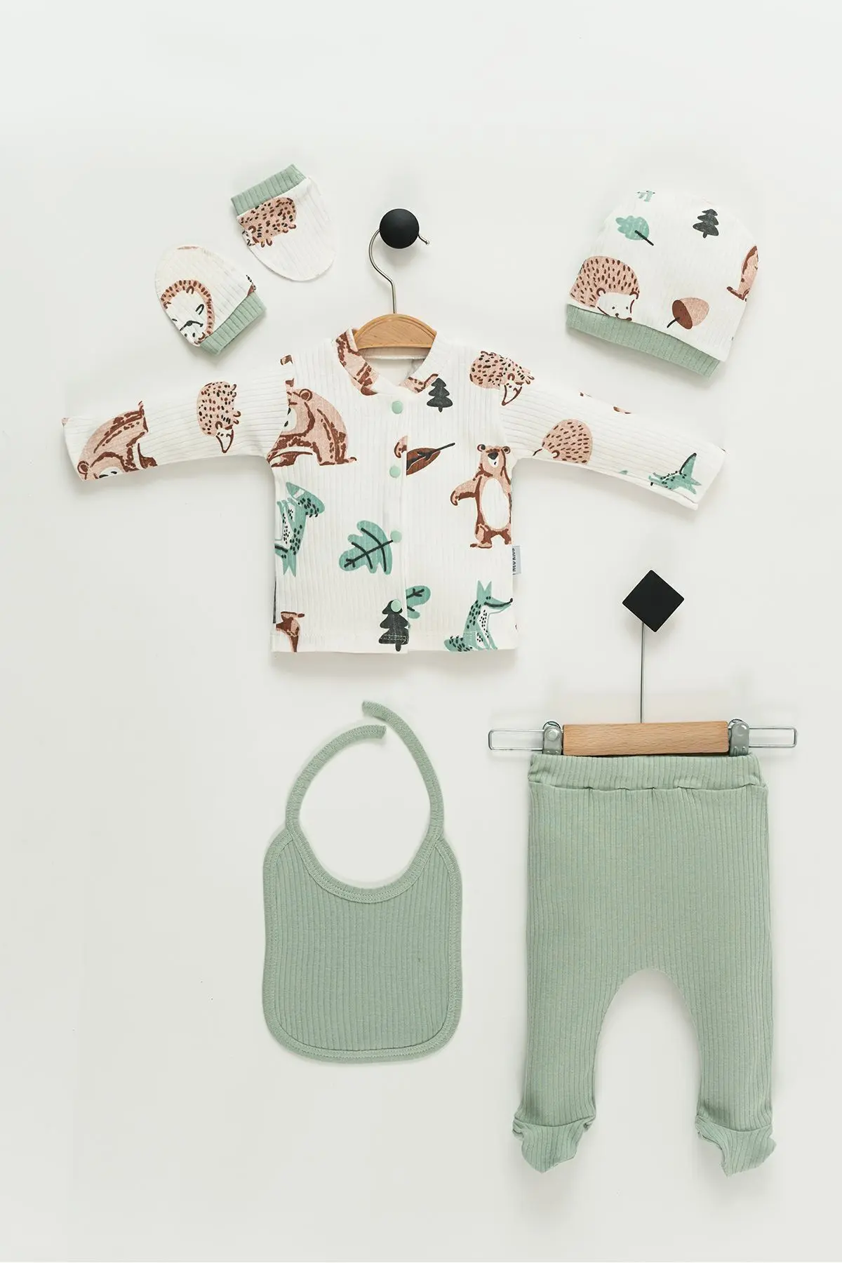 NEU KIDS Hastane Çıkışı 100% Pamuk Ayıcık Baskılı Yenidoğan 5li Set Bebek Kıyafeti