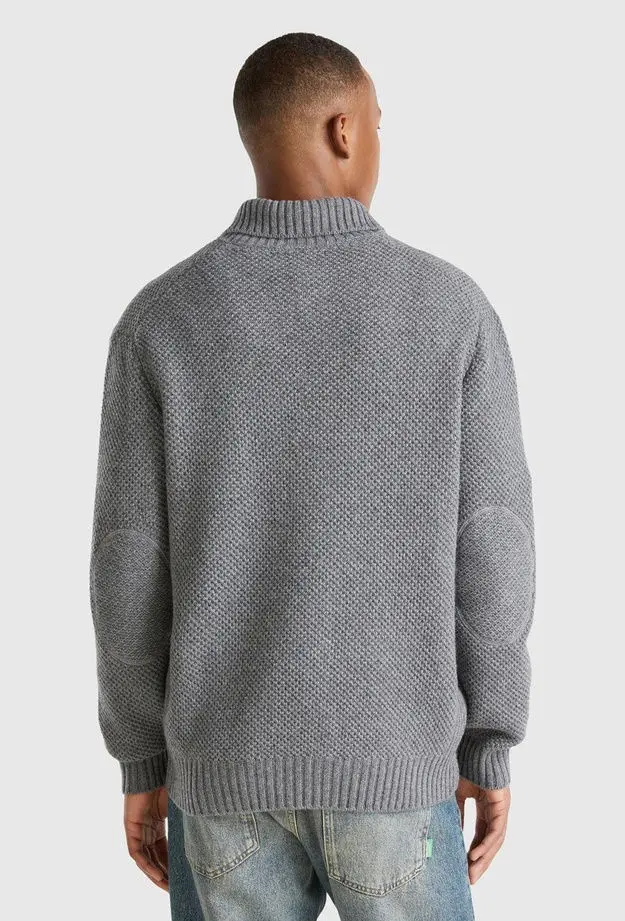 Erkek Antrasit Melanj Yün Karışımlı Yanları Cepli Önü Düğmeli Kazak