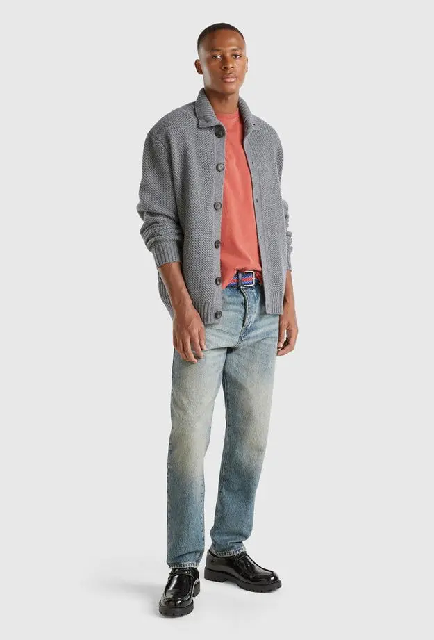 United Colors of Benetton Erkek Antrasit Melanj Yün Karışımlı Yanları Cepli Önü Düğmeli Kazak