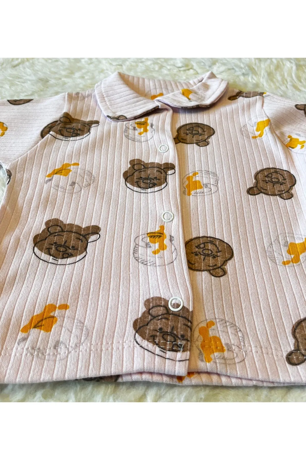 Pembe-Ekru Çift 2’li Takım Yenidoğan Fitilli  Organik Pamuk Kumaş 2’li Kız Erkek Bebek Takım