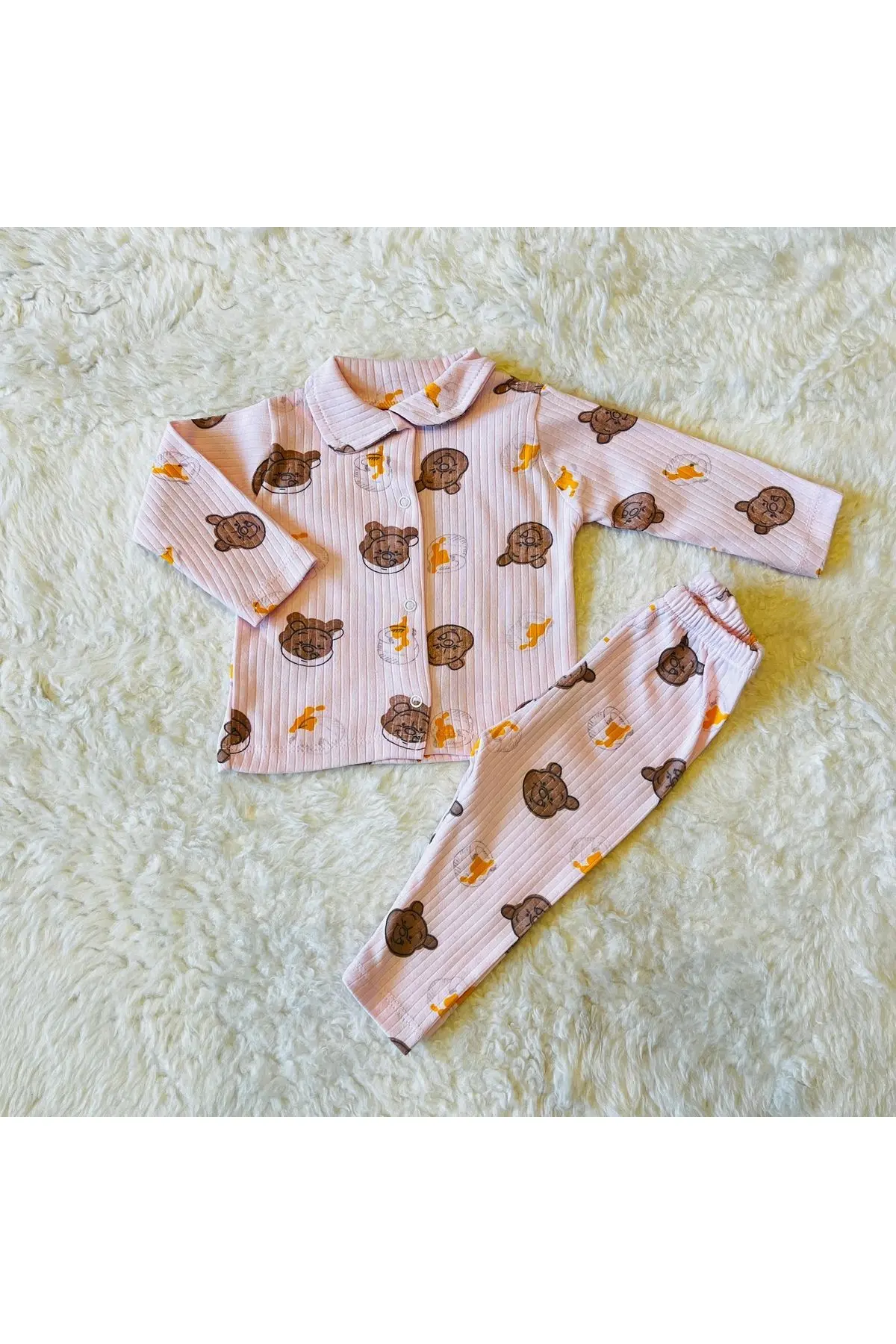 Pembe-Ekru Çift 2’li Takım Yenidoğan Fitilli  Organik Pamuk Kumaş 2’li Kız Erkek Bebek Takım